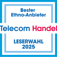 Text: Bester Ethno-Anbieter Telecom Handel Leserwahl 2025