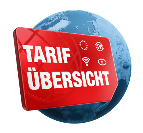 Globus, davor eine rote SIM-Karte mit der Aufschrift „Tarif-Übersicht“.