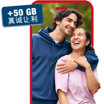 Lächelndes Paar Arm in Arm mit Hinweis auf den Ortel Mobile Tarif Smart World XXL+ und 50 GB Treuebonus
