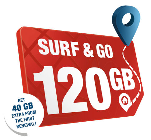 SIM card with text: ‘Surf & Go 120 GB’, next to it the note ‘Receive an additional 40 GB from the 1st renewal’.