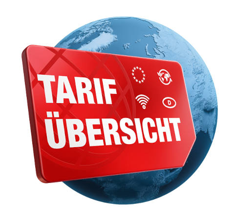 Globus, davor eine rote SIM-Karte mit der Aufschrift „Tarif-Übersicht“.