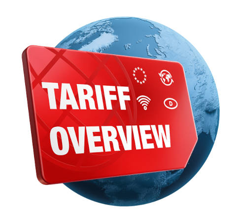 Globe, in front of it a red sign with the inscription “Tariff Overview”.