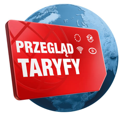 Kula ziemska, przed nią czerwona tablica z napisem "Przegląd taryf".