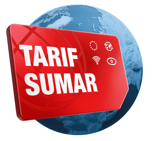 Globe, în fața sa o cartelă SIM roșie cu eticheta „Tarif sumar”.