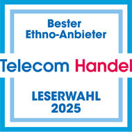 Text: Bester Ethno-Anbieter Telecom Handel Leserwahl 2025